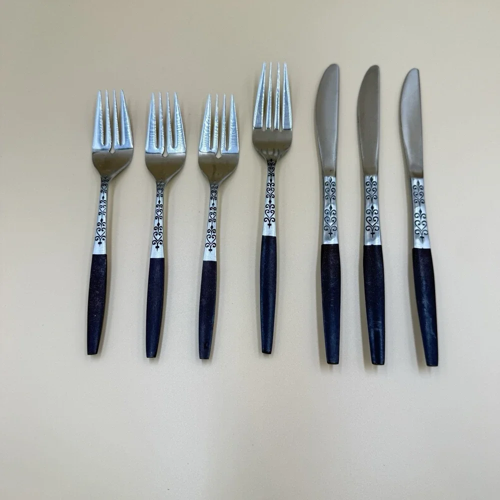 Lot of 7 Interpur Stainless Steel Brown Handle Dinner  Flatware Japan Replace